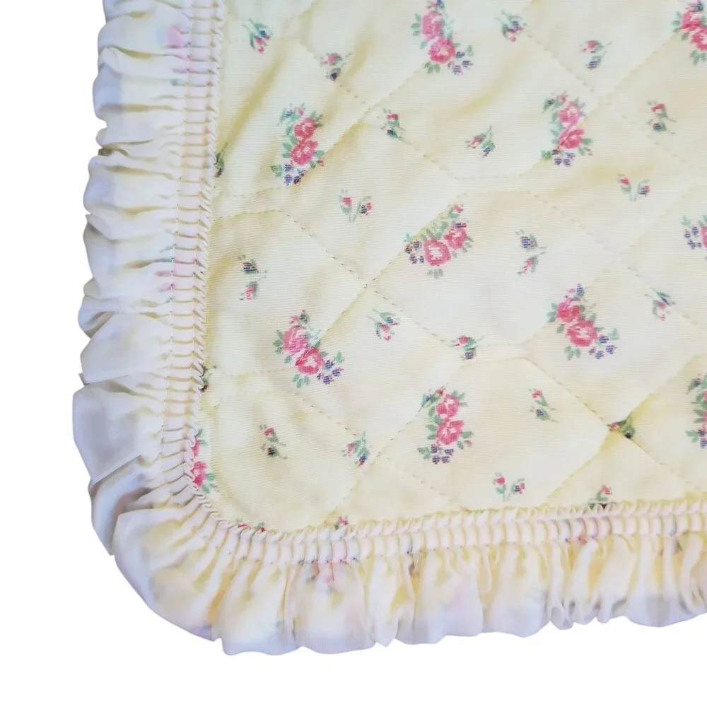 Yellow Quilted Floral Baby Blanket Satin Trim Gift Vintage Bedding Gift Ditzy Pr